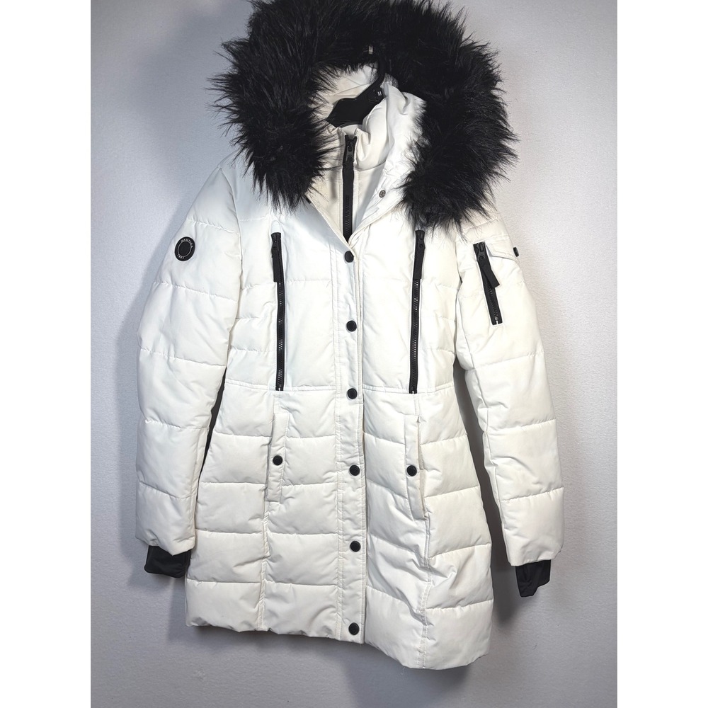 Nautica Puffer Jacket Womens Size XS White Excellent Faux Fur Trim Hooded Parka